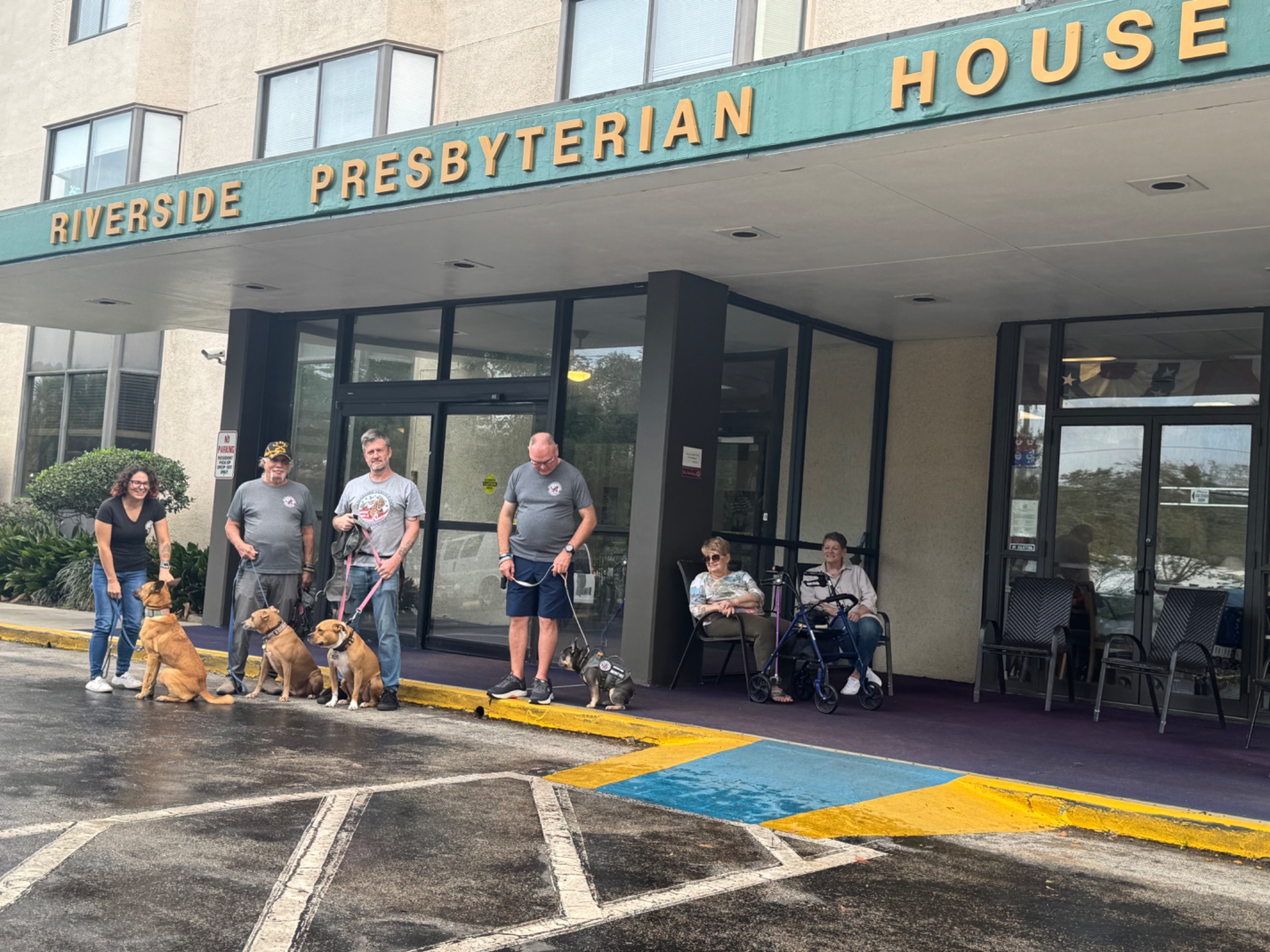 Old Glory members and service dogs visiting Riverside Presbyterian House"